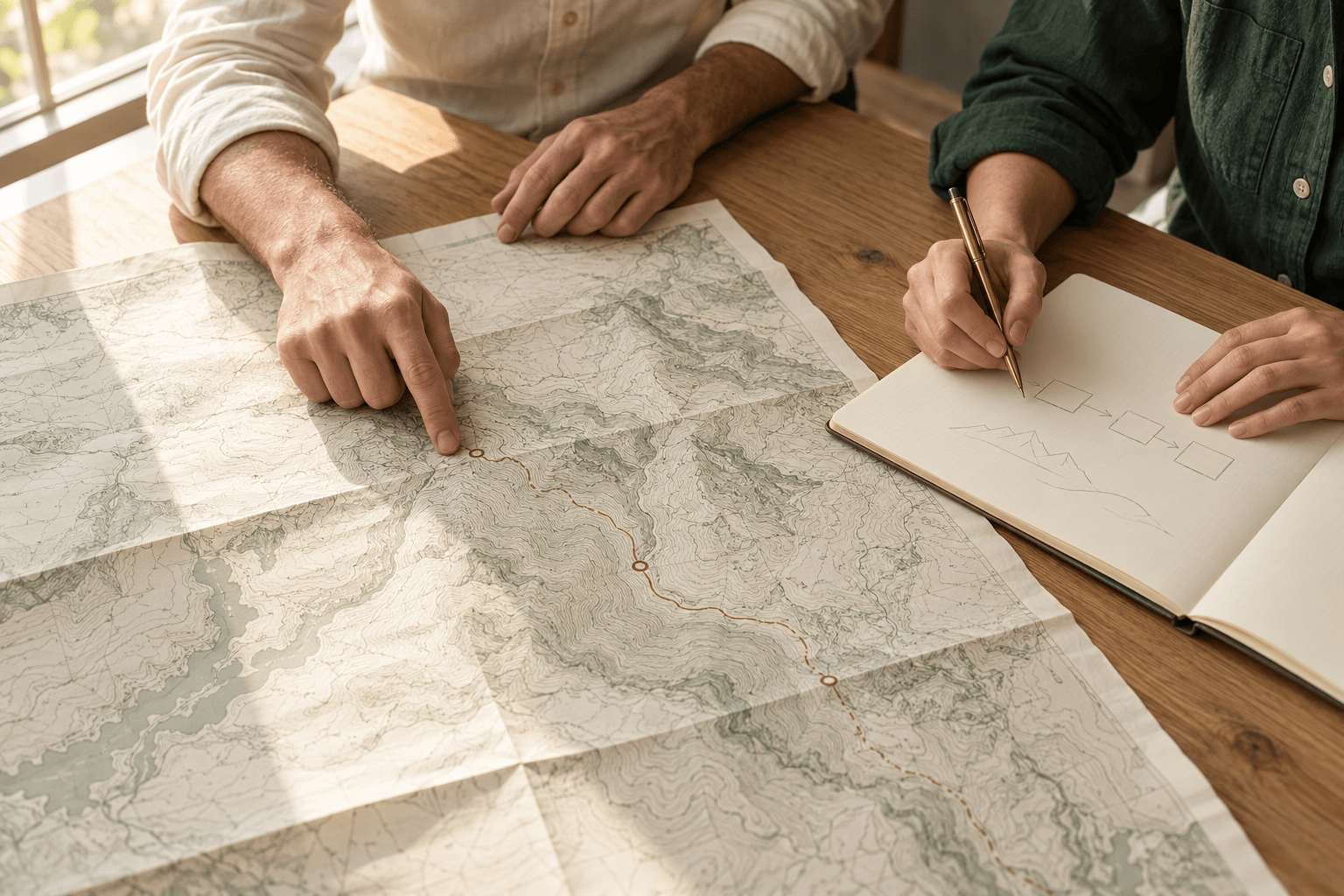Two sets of hands at a planning session with a folded topographic map and a notebook